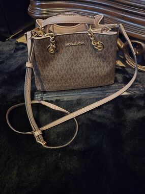 Michael Kors Brown Signature Crossbody with Pink Trim and Gold Hardware